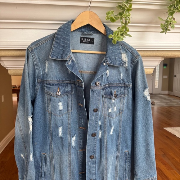 Blue Age Denim Distressed Oversized Button Front Jacket Size Large - Picture 2 of 5